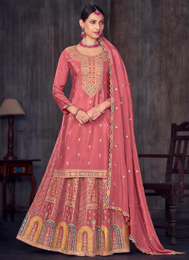 Chinnon Silk Pink Festival Wear Embroidery Work Readymade Palazzo Suit